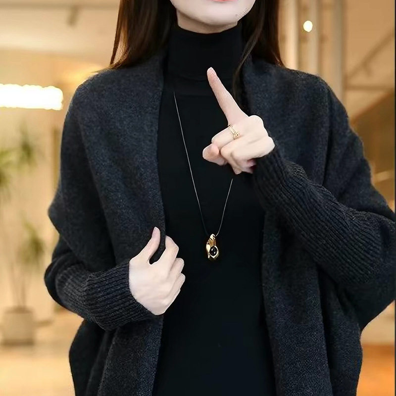 韩系披肩外套女H秋新款加厚针织蝙蝠袖开衫上衣大码宽松毛衣短款