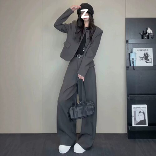 韩系极简时尚西装套装女秋季新款小西服百搭阔腿裤职业穿搭两件套