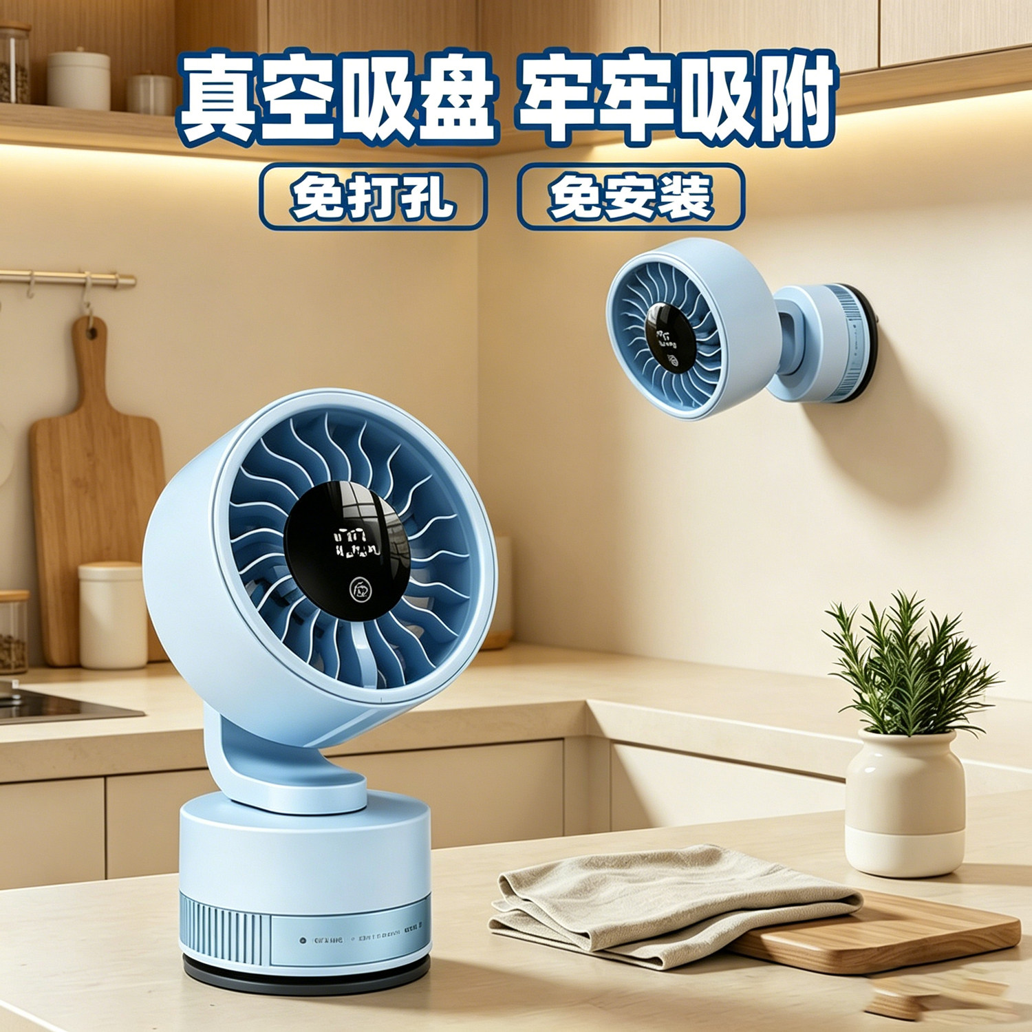 真空吸盘风扇免打孔免安装家用厨房小风扇卫生间墙面挂壁充电风扇