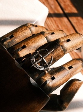 渡鸦工作室原创专属《旧约》星月四芒星戒指925银手工男女款指环