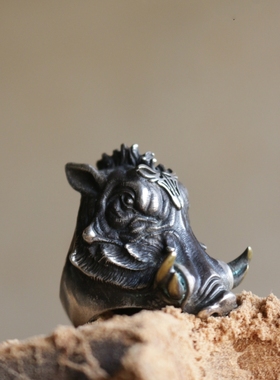 渡鸦原创欧美纯银男野猪骑士戒指