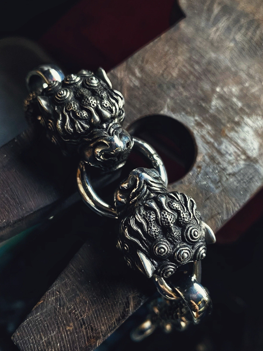 渡鸦工作室原创专属设计中国风唐狮子手链925银饰做旧手工雕蜡
