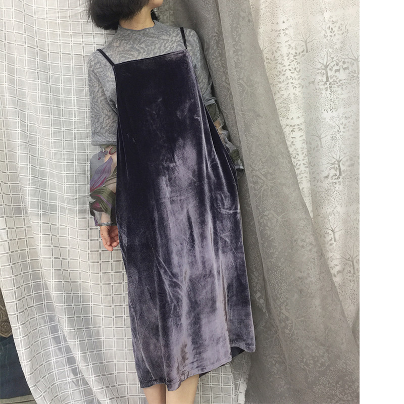 绣绣天原创春秋纯色高贵优雅真丝丝绒中长款外穿奢美吊带连衣裙女