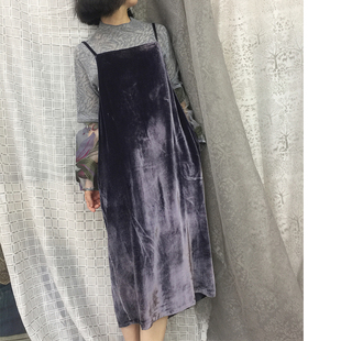 绣绣天原创春秋纯色高贵优雅真丝丝绒中长款外穿奢美吊带连衣裙女