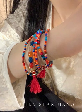 「嗔三酱」春夏波西米亚风小米珠多层串珠手链女民族风缠绕串珠女