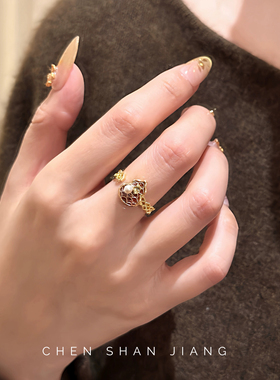 「嗔三酱」18k真金电镀滴油珍珠葫芦开口戒指新中式食指戒手饰女