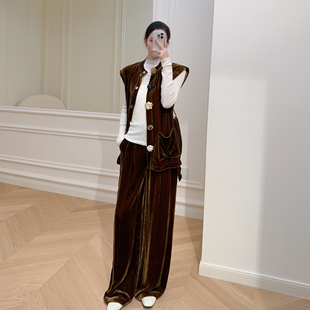 嫚渡100%桑蚕丝|高定坎肩腰带上衣直筒阔腿休闲裤真丝橄榄色套装