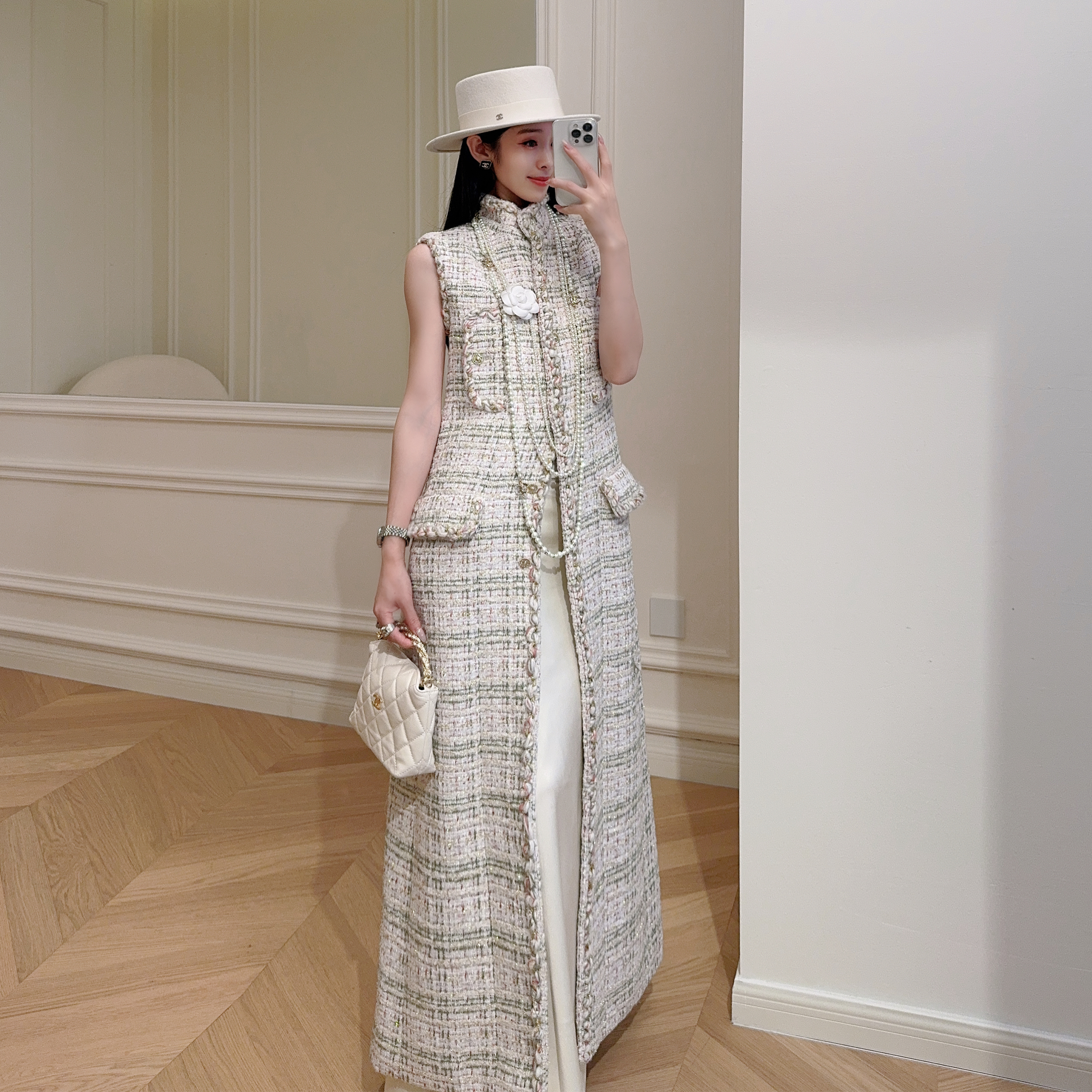 嫚渡|2025秋冬轻奢小香风编织立领无袖修身长款绵羊毛长款外套