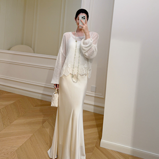 嫚渡 法式 轻奢蕾丝拼接花边圆领长袖 宽松白色上衣 早秋白月光系列