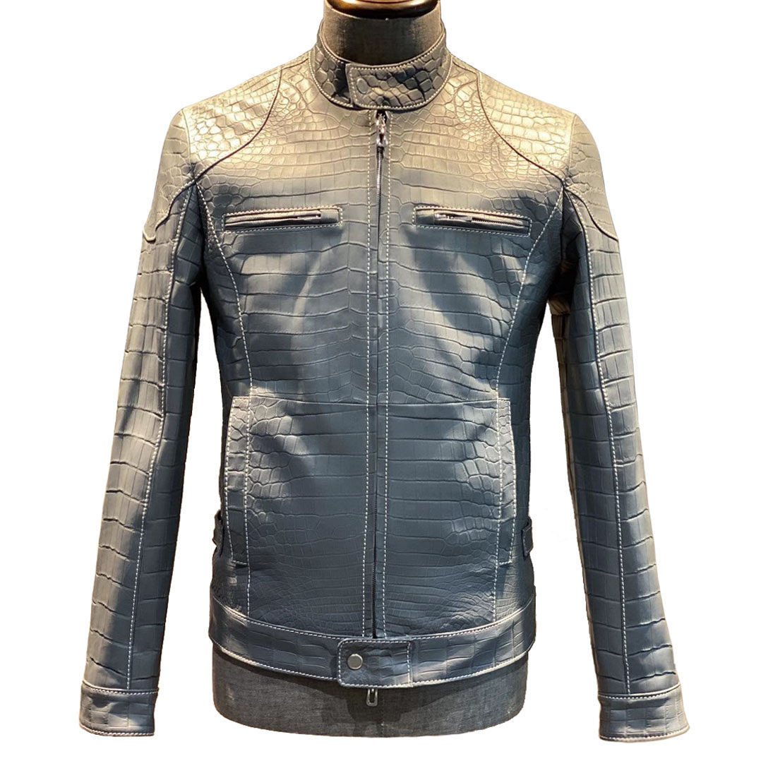 灰色鳄鱼皮衣服真皮皮衣男夹克拉链立领直筒上时尚新潮衣春秋外套