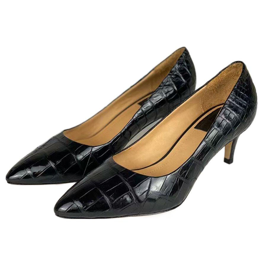 高跟鞋2026新款夏真皮百搭单鞋细跟职业女鞋工作鞋黑色鳄鱼皮皮鞋