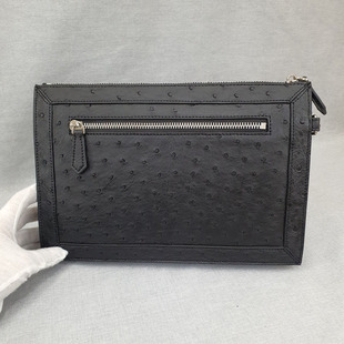 黑色鸵鸟皮男包奢侈品牌钱包新款轻奢商务皮包真皮男士手拿手包