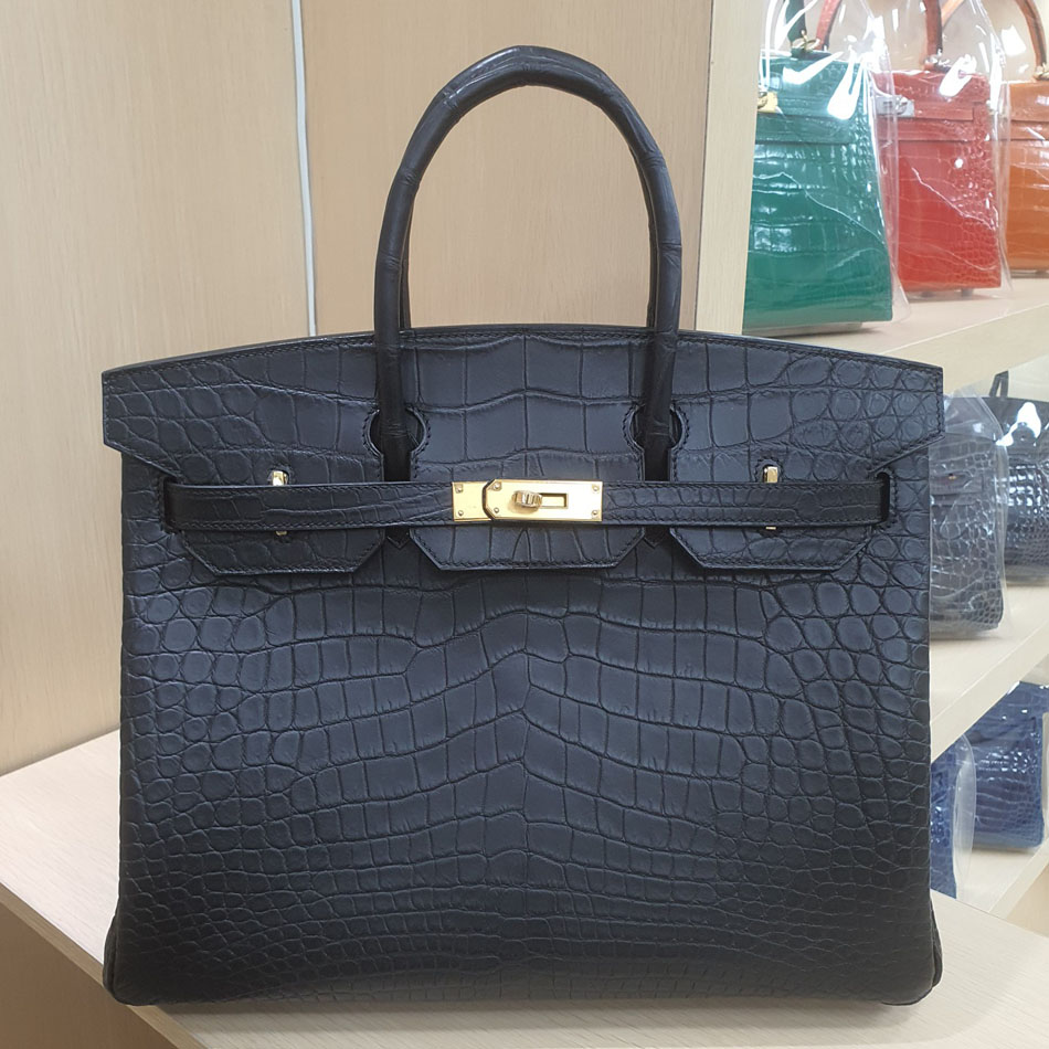 2025新款黑色雾面鳄鱼皮女包真皮大容量手提包轻奢皮包铂金包35号