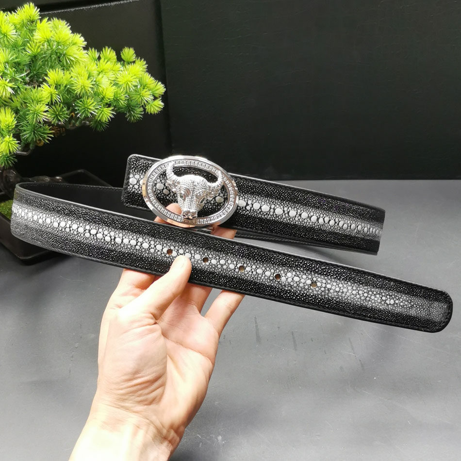 男士皮带真皮平滑扣青年休闲商务高档珍珠鱼皮裤腰带3.8cm带宽