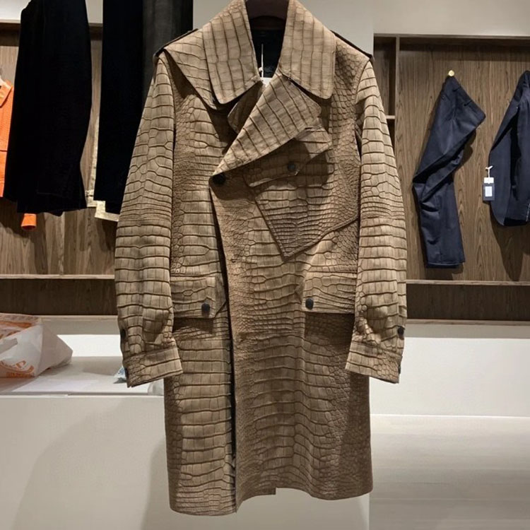 男士真皮皮衣秋冬磨砂暹罗鳄鳄鱼皮大衣西装领修身中长款风衣外套