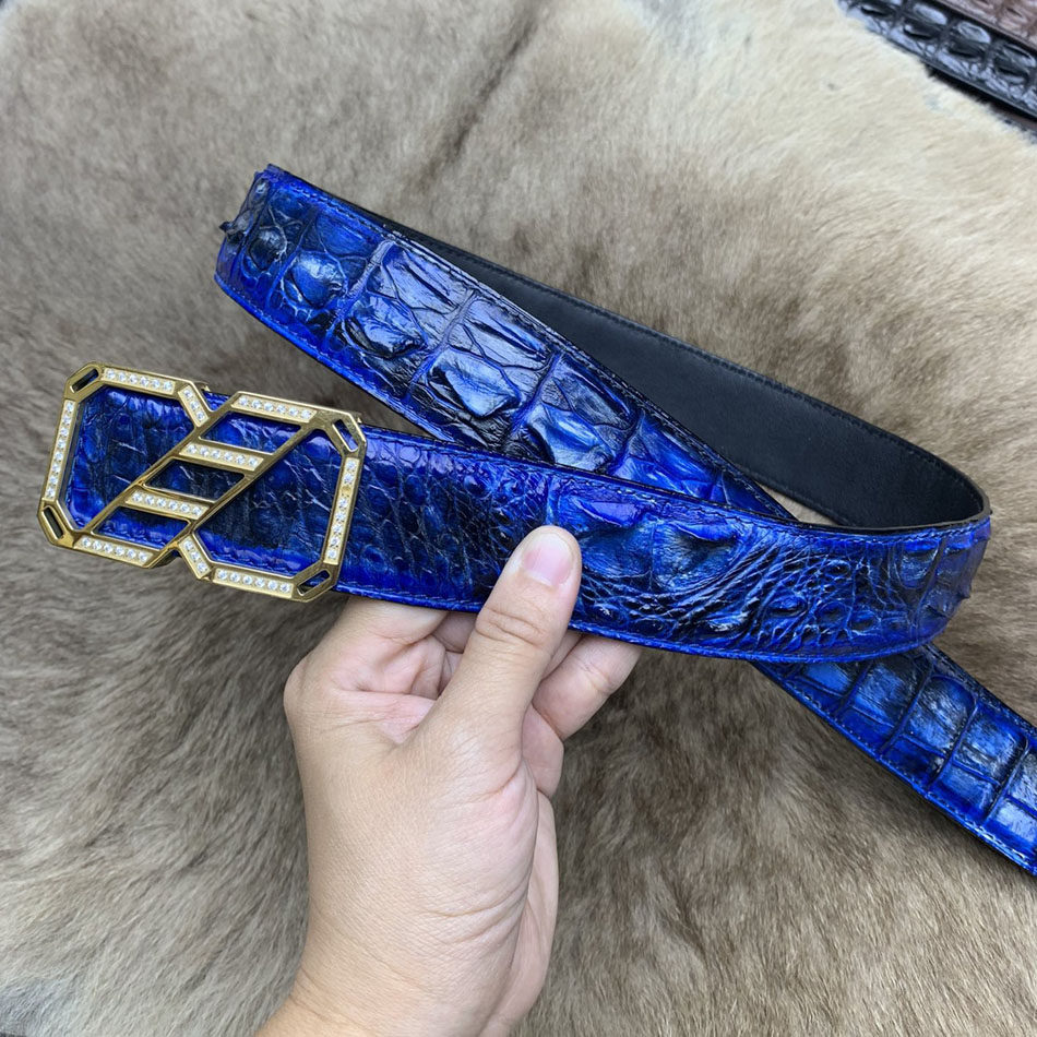 水钻平滑扣皮带男士真皮腰带 时尚商务蓝色鳄鱼皮裤带3.8cm
