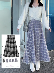 新款 春季 刺绣格纹系带A字半身裙长裙 日单