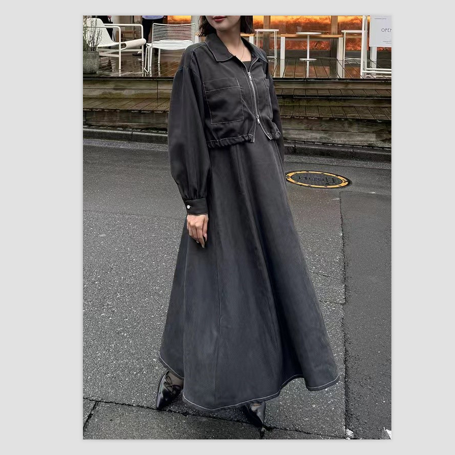 日单 春季新品 个性时尚拉链夹克 x 吊带连衣裙套装
