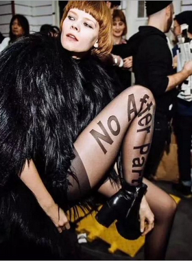 欧美风潮流丝袜黑色字母NO after party百搭薄款防勾丝连裤袜夏女