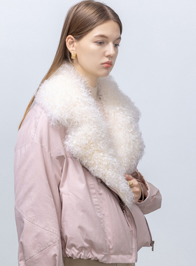 GHJOD studio 胎羊卷毛皮毛一体90白鹅绒羽绒服短款宽松派克服女