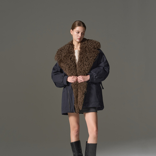 可脱卸羊卷毛领90白鹅绒皮草羽绒派克服女 苍蓝烬暖 限量特价