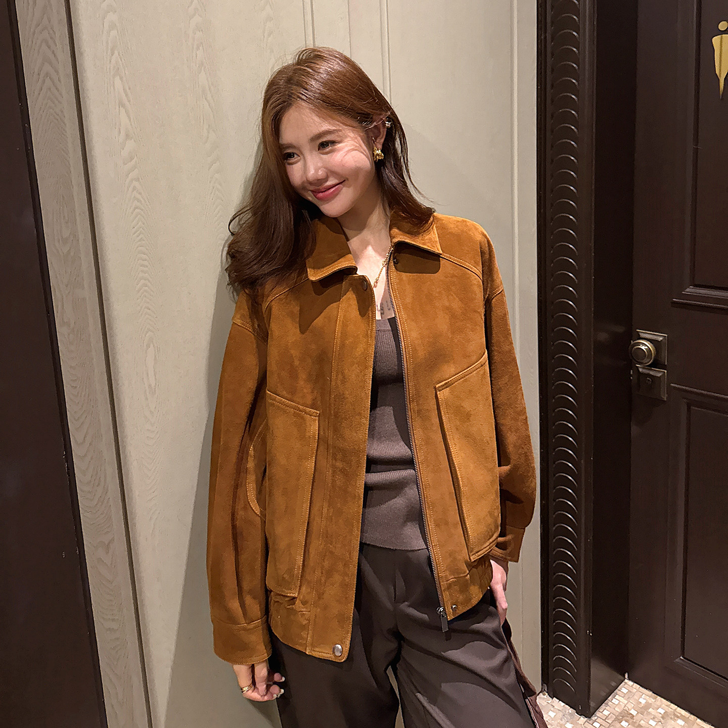 GHJOD进口反绒羊皮显瘦皮夹克女