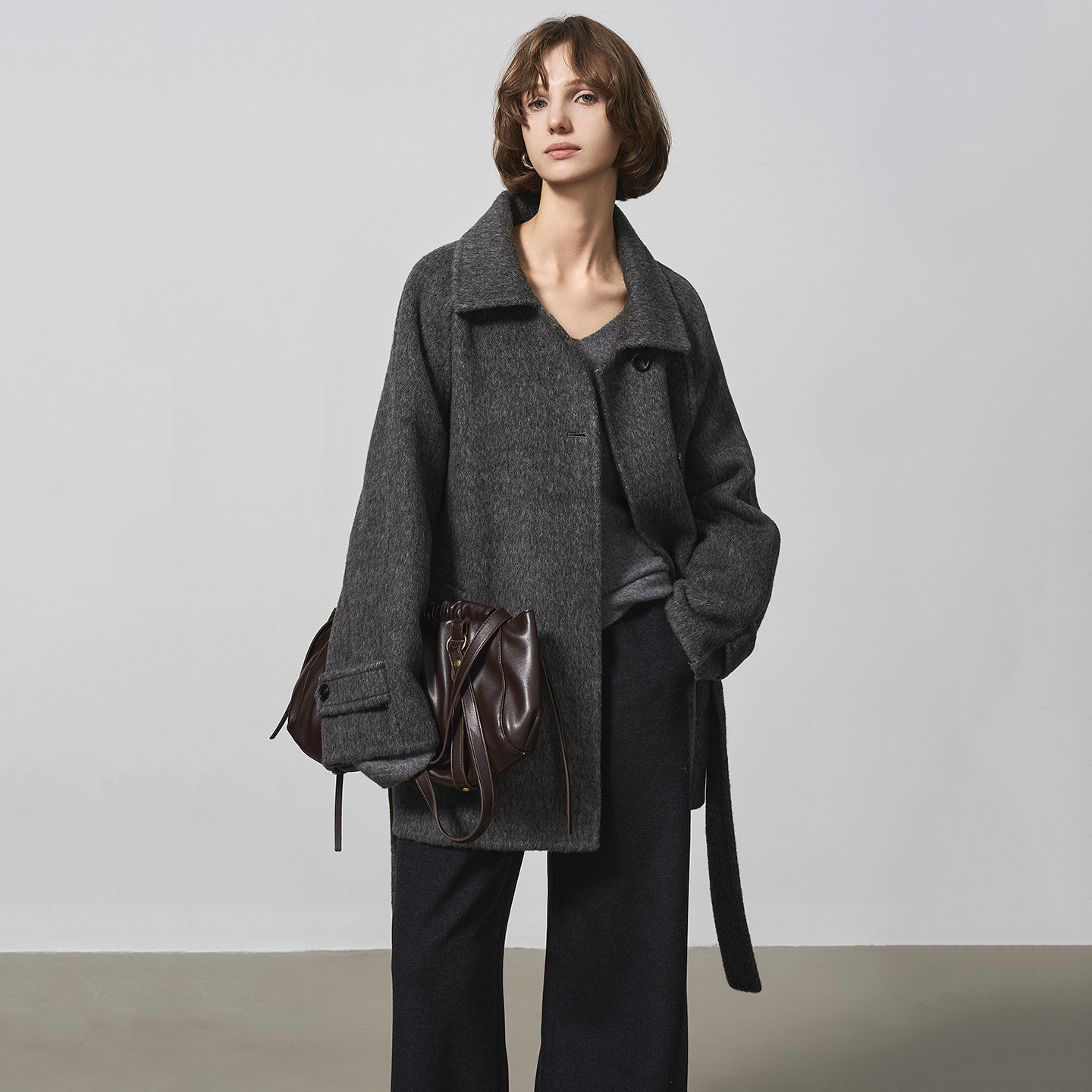 GHJOD studio 稀有双面牦牛线&桑蚕丝混色双面羊毛慵懒系带大衣