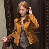 GHJOD 进口A级定染西班牙绒面羊皮复古老钱真皮皮衣外套女 studio