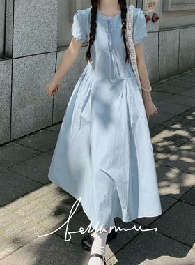 【BM5.20新品】蓝色大海传说显白芭蕾舞风领口蕾丝抽绳收腰连衣裙