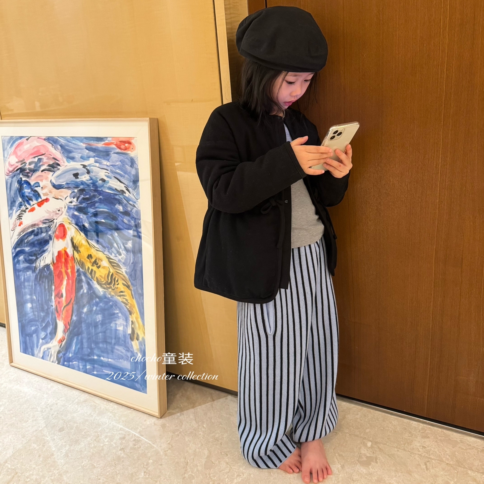 chocho童装 羊毛呢黑色厚棉衣3m新雪丽夹棉/可机洗50羊毛蓝条裤