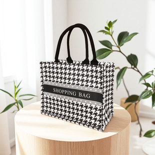 学生时尚千鸟格帆布袋黑白格子帆布包定制女士上班手提购物袋