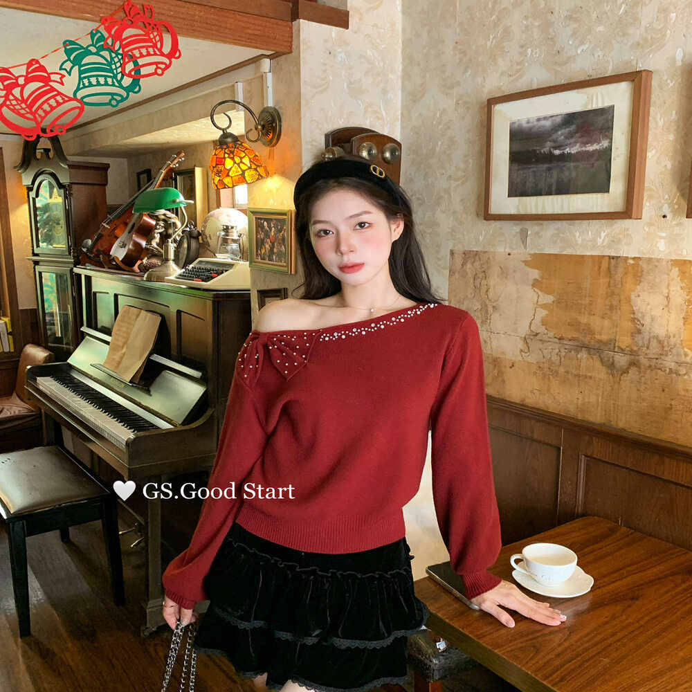 GS正品蝴蝶结钉珠斜肩针织衫毛衣