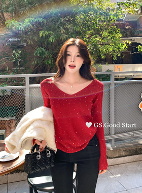 GS.GOOD START十三行烫钻针织衫小衫女冬季V领长袖亲肤百搭软糯
