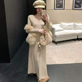 修身 SEE 显瘦 针织裙连衣裙打底裙女冬季 V领长袖 YOU正品 十三行新款