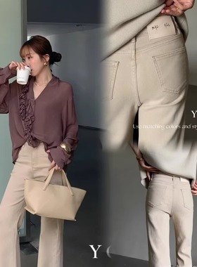 YOOMINI十三行水洗棉卡其色微喇裤牛仔裤休闲裤长裤女秋季高腰