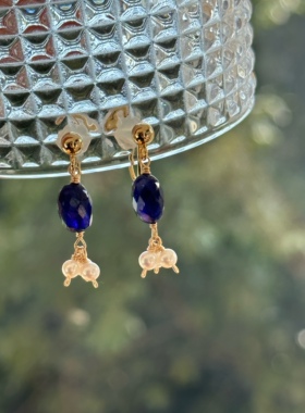 一期彩宝 天然蓝宝石淡水珍珠耳环耳饰 无耳洞耳夹女 阳光下透蓝