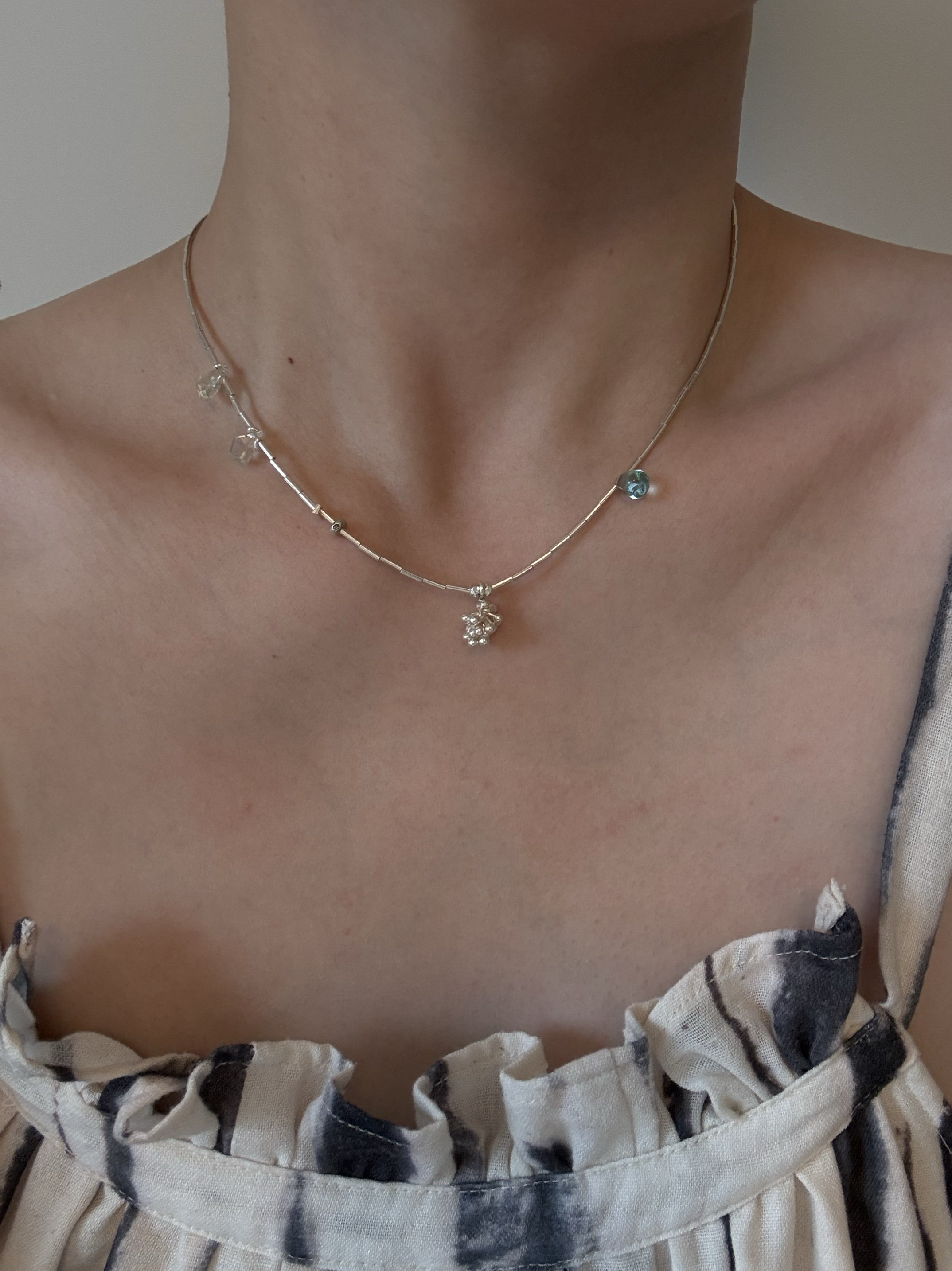 爆炸烟花蓝色水滴S925纯银泰银竹节项链绿水晶进口石英石颈链小众