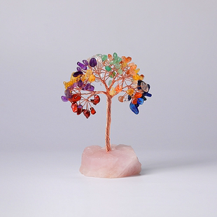 天然水晶发财树摆件粉水晶原石底座碎石铜丝线手工编织水晶工艺品
