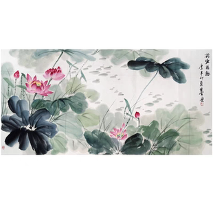 饰画轻奢高级感2025新款 纯手绘国画荷花写意水墨画客厅横幅装 挂画