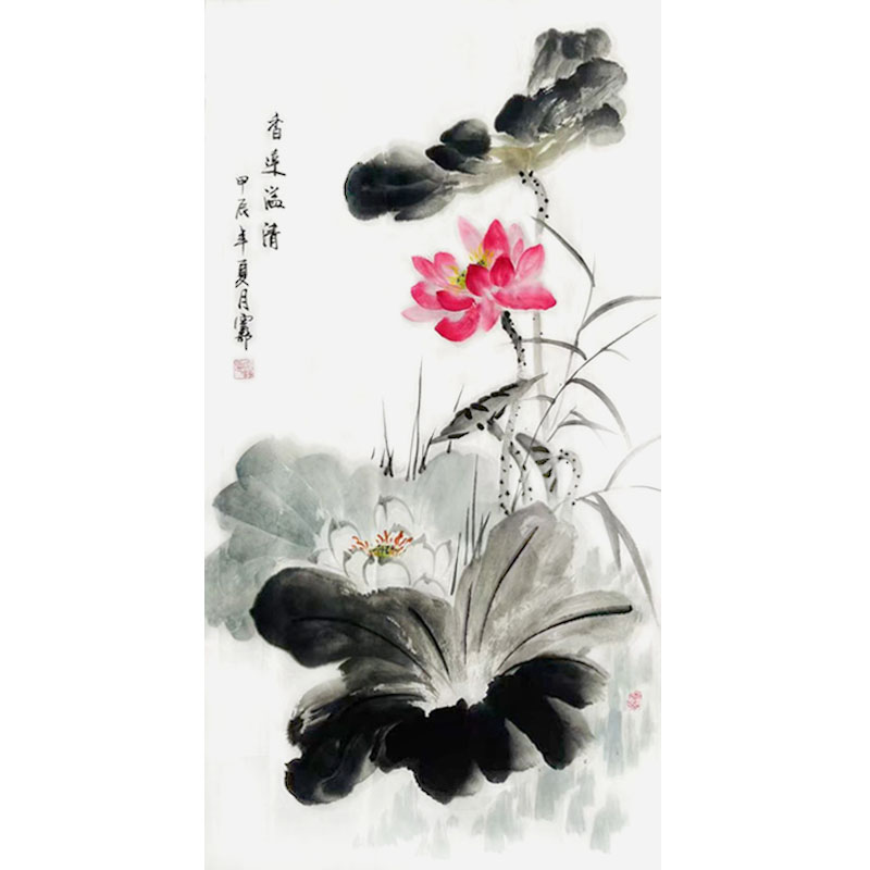 纯手绘荷花图国画写意花鸟水墨字画宣纸真迹挂画客厅餐厅艺术装饰图片