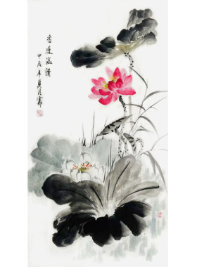 纯手绘荷花图国画写意花鸟水墨