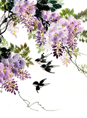纯手绘国画花鸟画紫藤花紫气东来