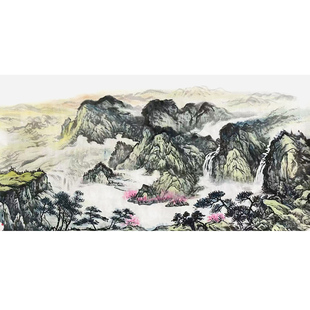 纯手绘真迹国画山水画靠山图青山绿水聚宝盆字画客厅办公室挂画