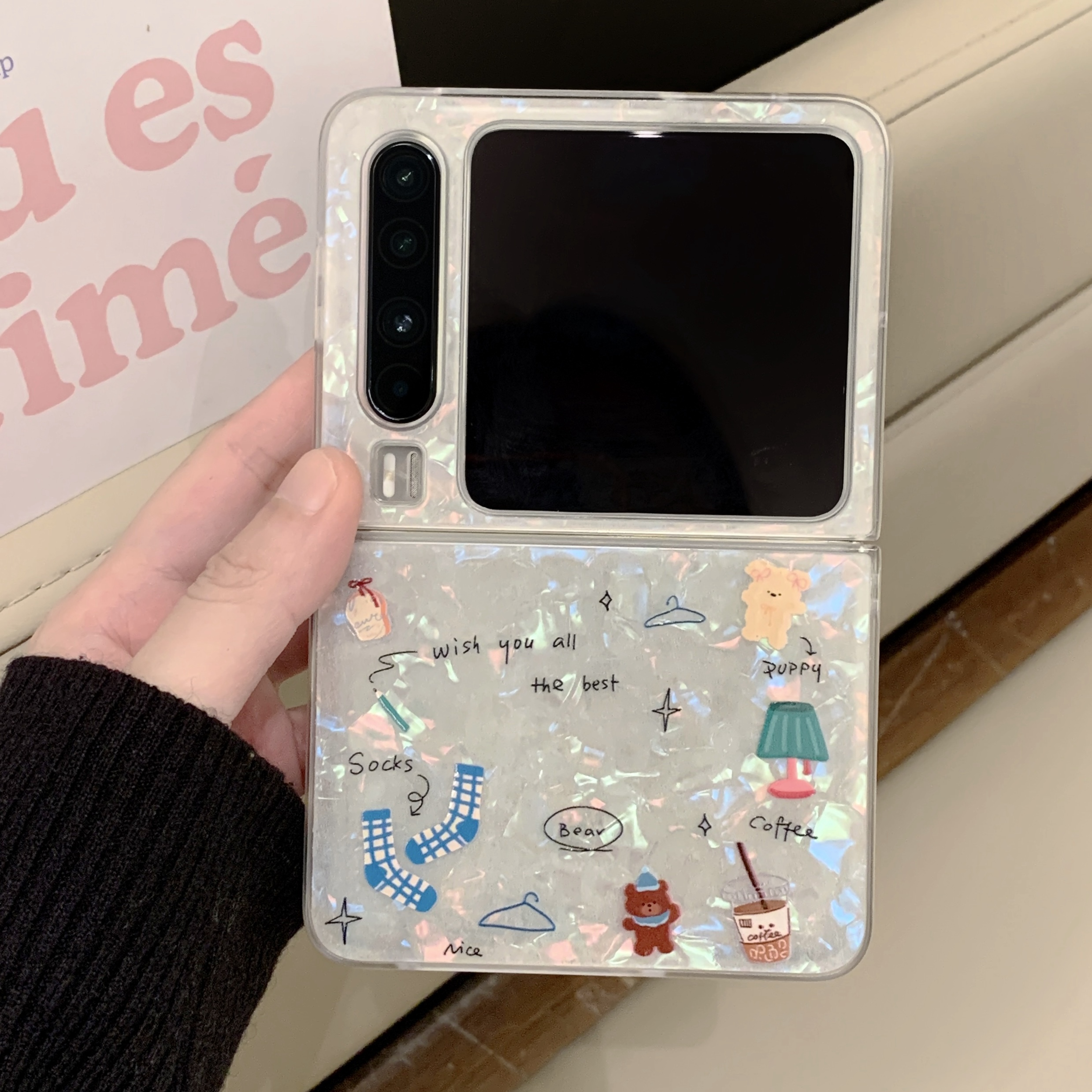 适用华为pocket2手机壳ins韩系卡通贝壳纹文艺小熊matex5/x6小翻盖OPPOFInd3flip手链Pura x保护套n2flip女款