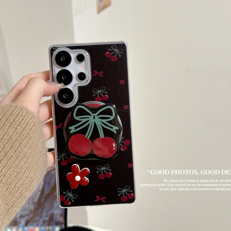 ins韩风小清新黑色小樱桃朵适用三星s25ultra手机壳创意新款S23ultra防摔套S24ultra手链磁吸支架保护套女款