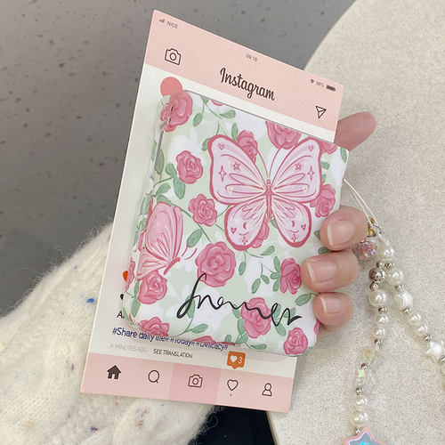 适用华为pocket2手机壳ins小清新文艺玫瑰花蝴蝶pocket S翻盖OPPOFInd3flip手链vivoXflip保护套n2flip硬壳韩