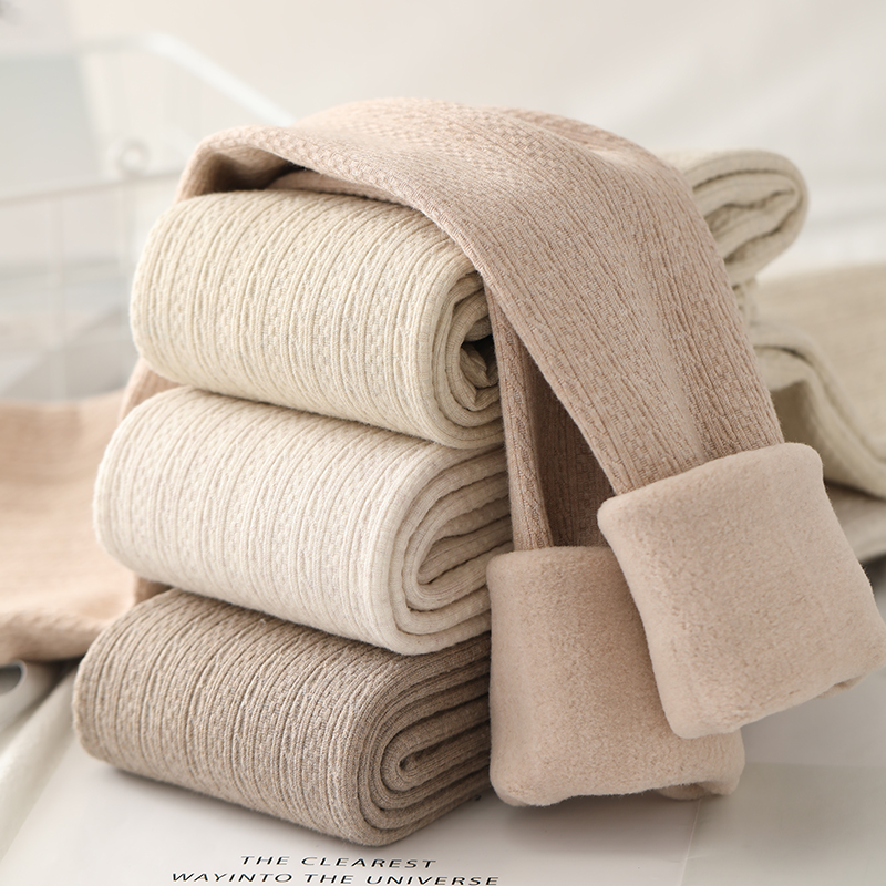 日系麻花加绒加厚打底裤女冬款外穿保暖踩脚裤竖条纹麦穗纹连裤袜