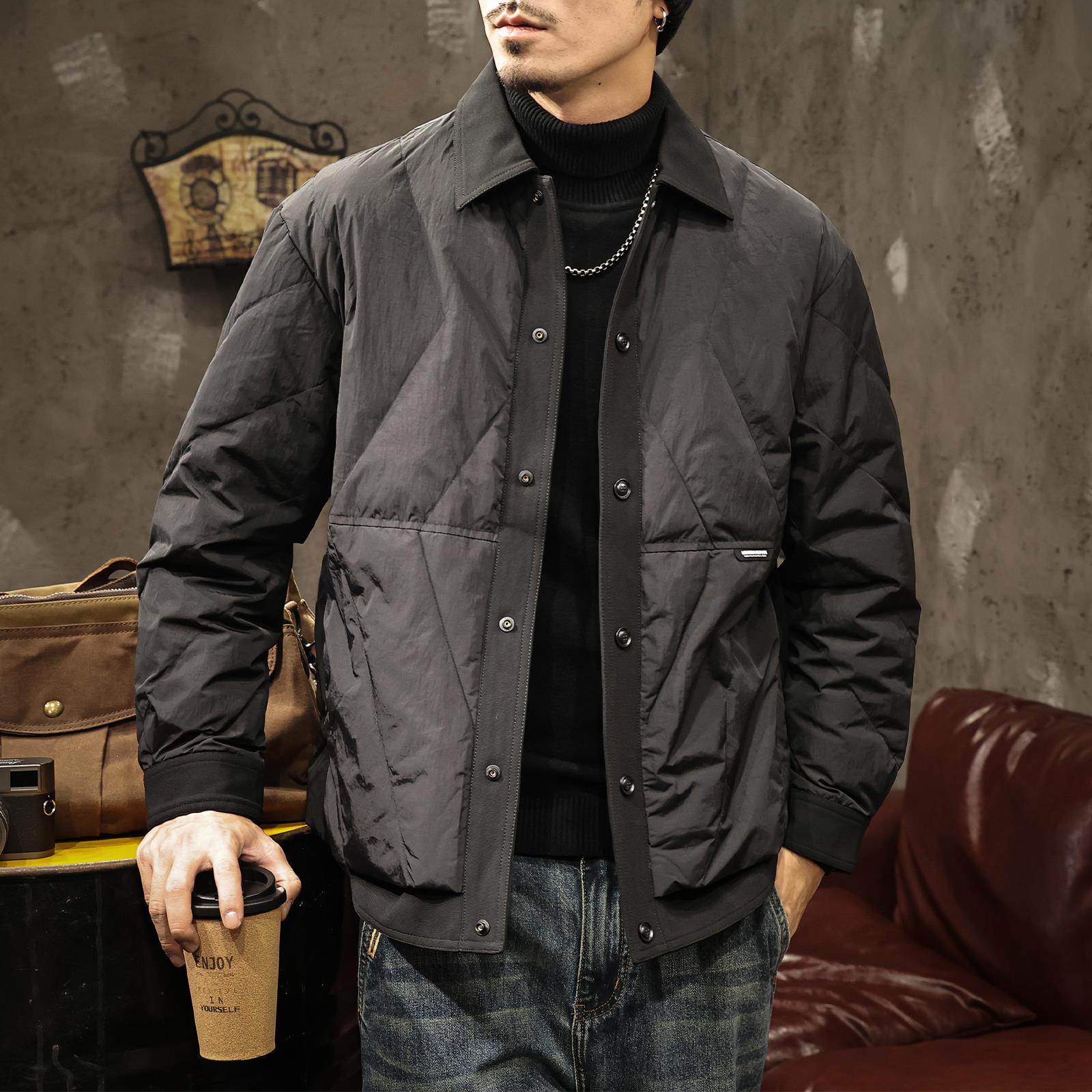 2025新轻薄羽绒服男冬季短款衬衫式羽绒外套防寒翻领菱形格羽绒衣