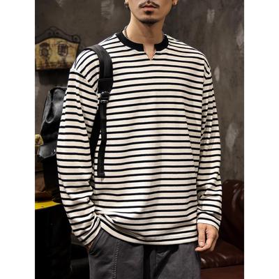 V领条纹长袖t恤男款春秋美式潮牌内搭打底衫2025新款宽松套头卫衣