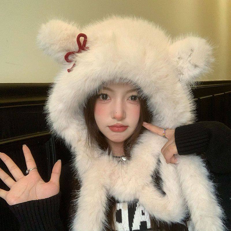 仿貂绒毛狐狸耳朵蝴蝶结帽子围巾一体冬季东北加厚保暖护耳雷锋帽,服饰配件/皮带/帽子/围巾,帽子,淘宝优惠券,粉丝福利购,淘宝优惠卷